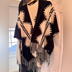 Black and Cream, Reversible Geometric Fringe Sweater Poncho